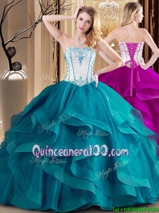 Floor Length Lace Up Quince Ball Gowns White and Teal and In forMilitary Ball and Sweet 16 and Quinceanera withEmbroidery