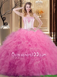 Free and Easy Sleeveless Floor Length Embroidery Lace Up 15 Quinceanera Dress with White and Rose Pink
