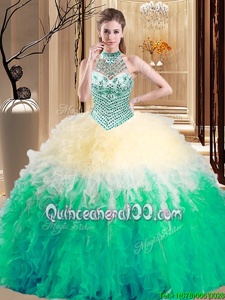 New Style Multi-color Tulle Lace Up Halter Top Sleeveless Floor Length Quinceanera Dress Beading and Ruffles