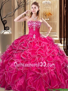 High Quality Hot Pink Sleeveless Floor Length Embroidery and Ruffles Lace Up Sweet 16 Dresses
