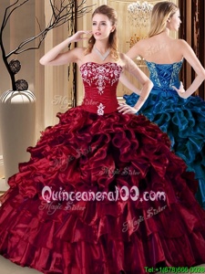 Sumptuous Wine Red Ball Gowns Sweetheart Sleeveless Organza Floor Length Lace Up Embroidery and Ruffles Sweet 16 Quinceanera Dress