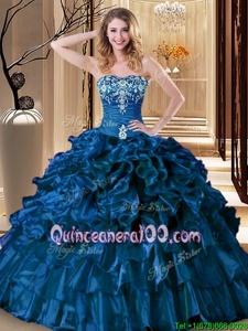 Classical Sleeveless Organza Floor Length Lace Up Quinceanera Gown inRoyal Blue forSpring and Summer and Fall and Winter withEmbroidery and Ruffles