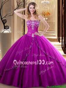 Affordable Fuchsia Sweetheart Lace Up Embroidery Quince Ball Gowns Sleeveless
