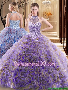 Great Halter Top Multi-color Sleeveless Fabric With Rolling Flowers Brush Train Lace Up 15 Quinceanera Dress forMilitary Ball and Sweet 16 and Quinceanera