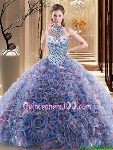 Fashionable Multi-color Vestidos de Quinceanera Military Ball and Sweet 16 and Quinceanera and For withBeading Halter Top Sleeveless Brush Train Lace Up