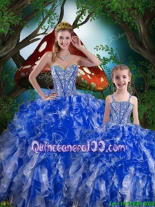 Lovely Sleeveless Floor Length Beading and Ruffles Lace Up Quinceanera Dresses with Navy Blue