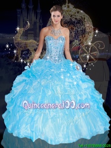 Custom Made Blue Organza Lace Up 15 Quinceanera Dress Sleeveless Floor Length Beading and Ruffles