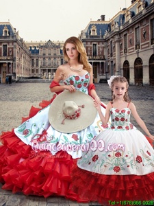 Affordable White And Red Organza and Taffeta Lace Up Quinceanera Gowns Sleeveless Floor Length Embroidery