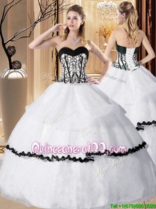 Comfortable White Ball Gowns Embroidery and Ruffled Layers Vestidos de Quinceanera Lace Up Organza Sleeveless Floor Length
