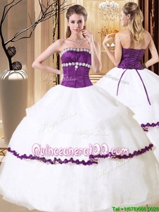 Beauteous Ruffled Ball Gowns Quinceanera Dress White And Purple Strapless Organza Sleeveless Floor Length Lace Up