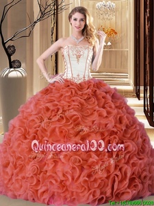 Adorable Orange Ball Gowns Embroidery and Ruffles Sweet 16 Quinceanera Dress Lace Up Fabric With Rolling Flowers Sleeveless Floor Length