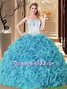 Gorgeous Aqua Blue Strapless Neckline Embroidery and Ruffles 15 Quinceanera Dress Sleeveless Lace Up