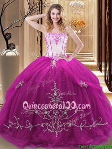 Best Selling Sleeveless Floor Length Embroidery Lace Up Vestidos de Quinceanera with Fuchsia