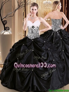 Flare Black Ball Gowns Pick Ups Sweet 16 Dress Lace Up Satin and Taffeta Sleeveless Floor Length